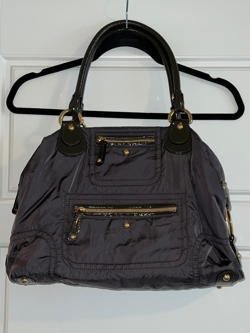 Tod's Charcoal Gray Pashmy Bauletto Nylon Bag with Patent Leather Trim